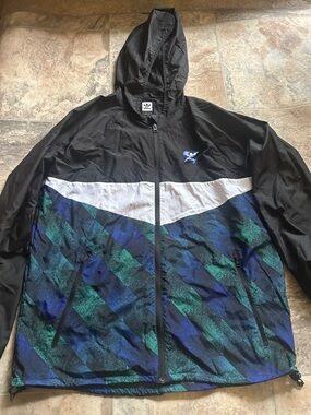 adidas Black Hooded Windbreaker with White Chevron and Blue-Green Pattern
